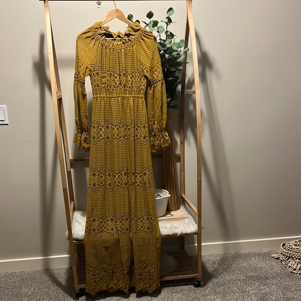 Pinko Mustard Yellow Full Black Lined Lace Dress a233
